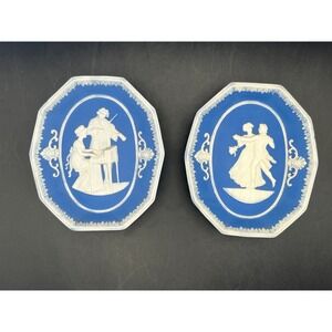 Vintage Germany Blue Jasperware Wall‎ Hanging Musical Couple Decor Set of 2 4.5"